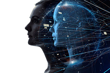 Image of a robotic head floating in space with a human woman's face superimposed in front of it symbolic of the ineraction between human and machine