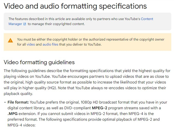 YouTube Formatting Specs