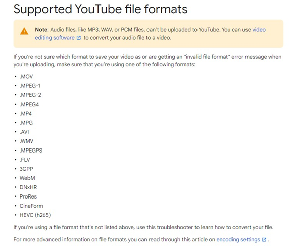 YouTube Supported File Formats